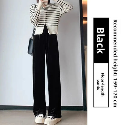 Slim Fit Velvet Wide Leg Pants Winter New Style plus Size Warm Fleece High Waist Elastic Korean Velvet Pants for Women