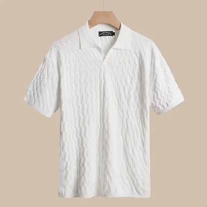 Men's Cable Knit Polo Shirt Short Sleeve V Neck Casual Summer Top 2026