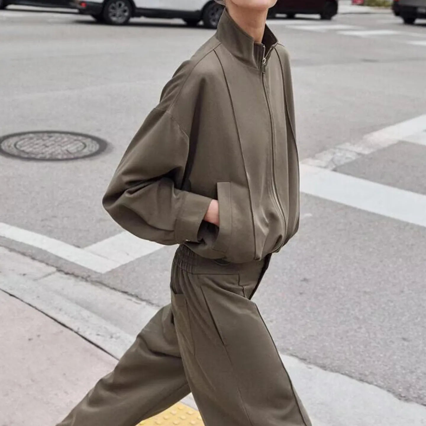 Women's Pilot Jacket Coat High Waist Commute Line Decor Straight Leg Pants Two Piece Set Long Sleeve Stand Collar Jacket