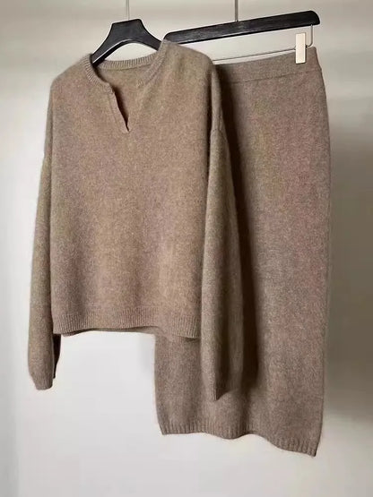 100% cashmere suit a solid-color POLO collar loose sweater and a mid-length skirt a two-piece set
