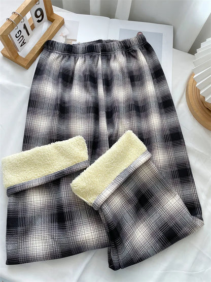 Shearling Lined Plaid Pants Women Winter High Waist Flared Trousers Straight Leg Warm Fleece Thermal Bottoms for Women Casual