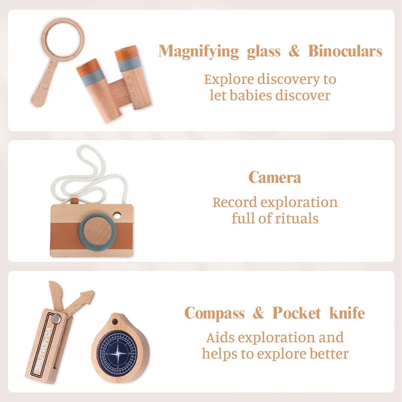 5pc/Set Wooden Outdoor Explore Kit Camera Toy For Children Birthday Gift Magnifier Compas Montessori Wooden DIY Gift Outdoor Toy