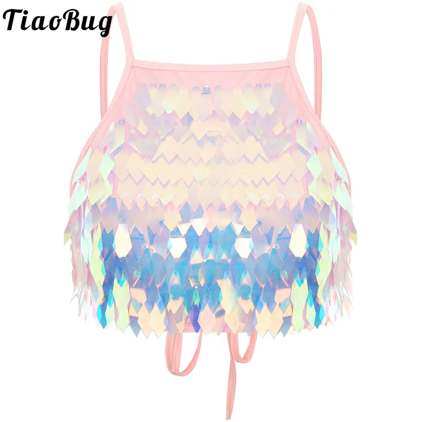 Shiny Sequin Tassel Bra Top Sexy Mini Lace-up Tank Top Camisole for Women Dancing Nightclub Crop Top Vests Bralettle Clubwear