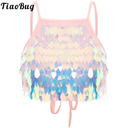 Shiny Sequin Tassel Bra Top Sexy Mini Lace-up Tank Top Camisole for Women Dancing Nightclub Crop Top Vests Bralettle Clubwear