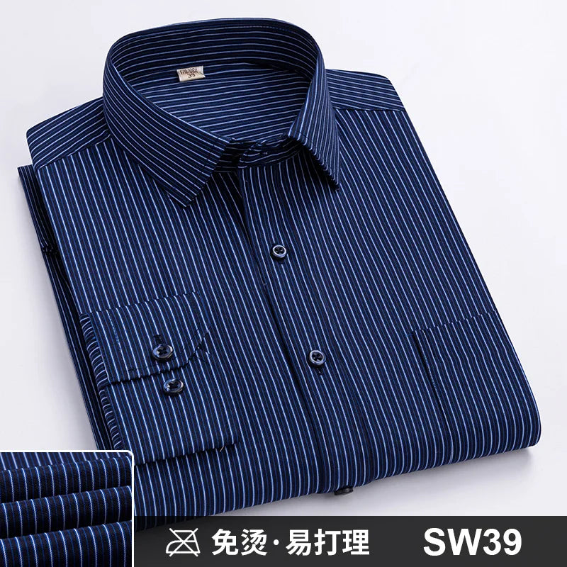Men's Formal Shirt Long Sleeve S~8XL Oversized Office Solid Color Striped Anti-wrinkle Non-ironing Fashion Business White Shirts
