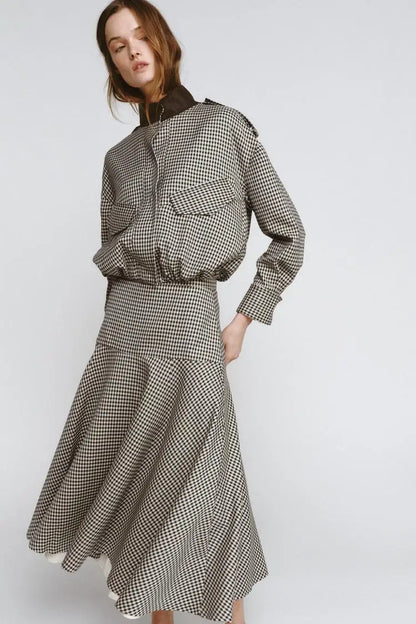 Color Block Plaid Pilot Jacket Coat High Collar Long Sleeve Women's Spring Fashion Set with Midi Skirt Spring Season Pattern