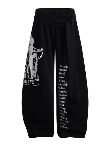 Retro American Hot Girl Hip Hop Jazz Street Dance Letter Print Belted Design Sweatpants Loose Wide Leg Casual Trousers