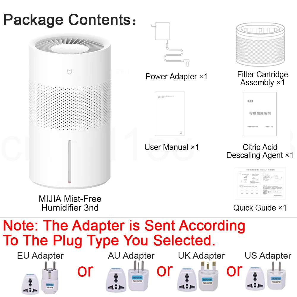 MIJIA Mist-Free Humidifier 3nd 400 mL/h,Model CJSJSQ05ZMZ,29.4dB(A) Quiet Operation,4L Water Tank,CN Version With Adapter