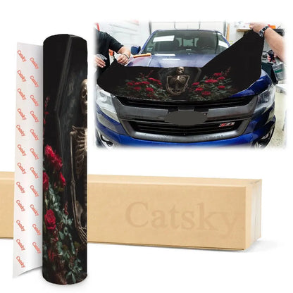 Skeleton in Coffin & Roses Car Vinyl Wrap, PVC Waterproof Car Hood Sticker, Self-Adhesive Scratch-Resistant Stickers for Engine