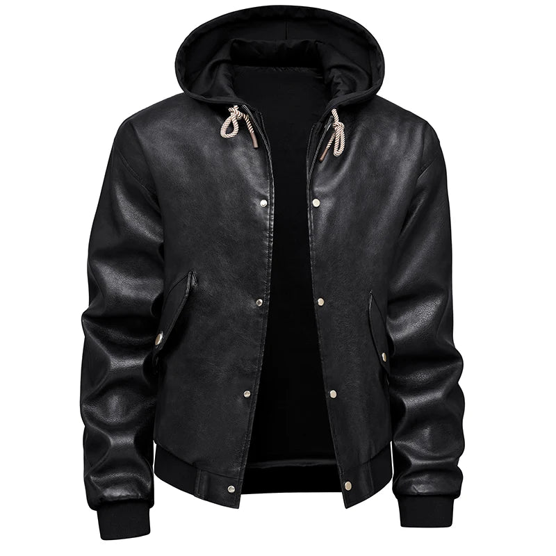 Hooded Leather Motorbiker Jacket Men's Streetwear Fake Two PU Leather Jackets Winter New Biker Coats Men Motorcycle Leather Coat