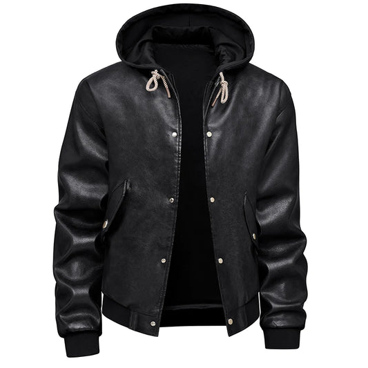 Hooded Leather Motorbiker Jacket Men's Streetwear Fake Two PU Leather Jackets Winter New Biker Coats Men Motorcycle Leather Coat