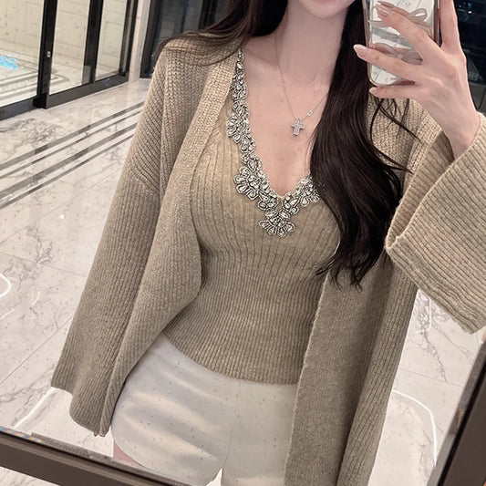 Korean Dongdaemun Rhinestone Knit Crop Top Sexy Slim Fit Versatile Solid Color Camisole Fashion Short V-neck Knitted Tank Tops