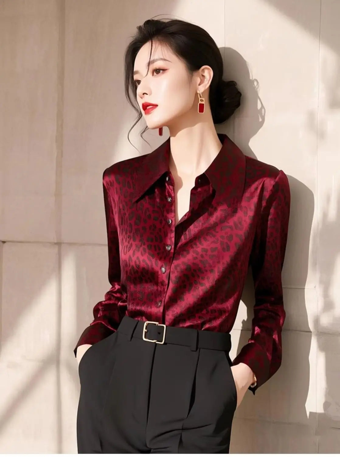 Red Leopard Print Long Sleeve Shirt Women's Fashionable Maturity Style Premium Quality Top Trendy Autumn 2025 Casual Wear