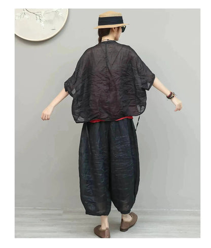 Lightweight Ramie Pant Women Summer Loose Wide-leg Cropped Pants Black LX5765