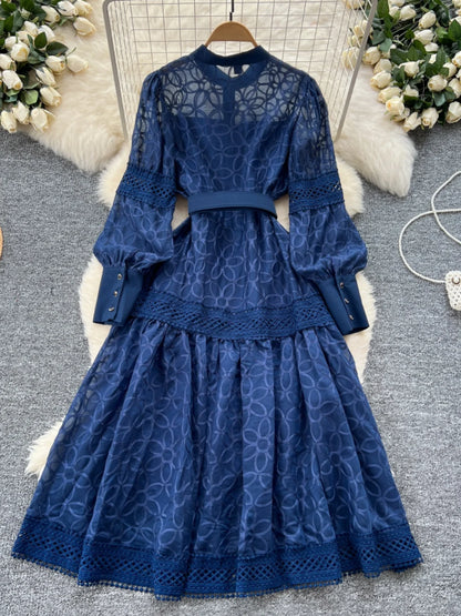 Court Sle Heavy Embroidery Lantern Sve Long Dr Women's Retro Winter Faion High Waist A-Line Dr Korean Version