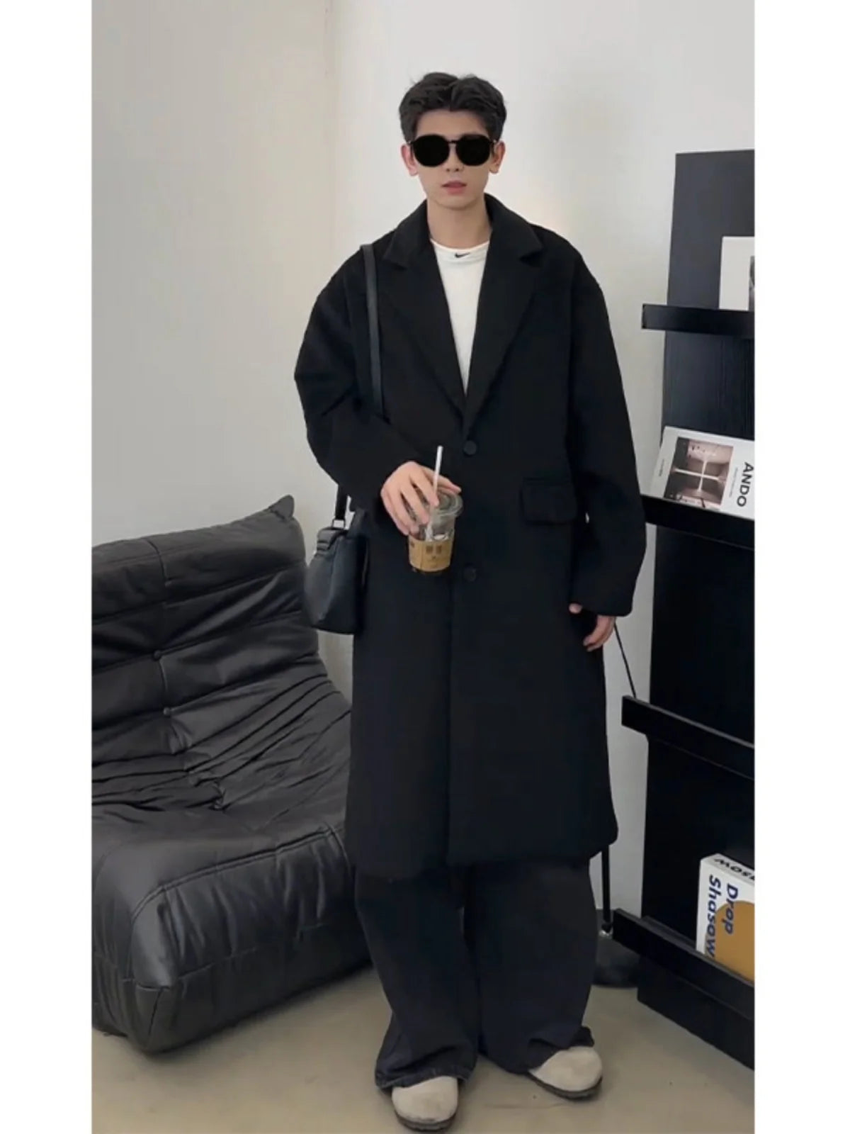 Thickened Mid-Length Woolen Men's Coat Black Intellectual Style Korean British Fashion Winter Outerwear Warm Long Sleeve Coat
