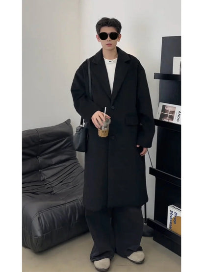 Thickened Mid-Length Woolen Men's Coat Black Intellectual Style Korean British Fashion Winter Outerwear Warm Long Sleeve Coat
