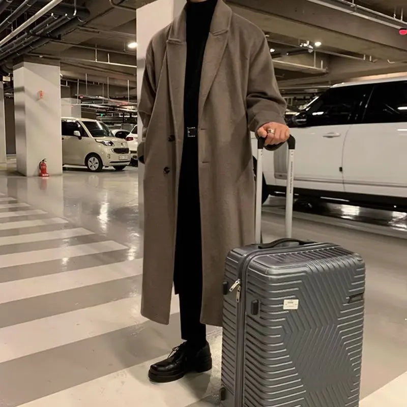 Lapel Men's Long Woolen Coat, Korean Midi-length Trench Coats, Solid Color Classsic Mans Winter Jacket