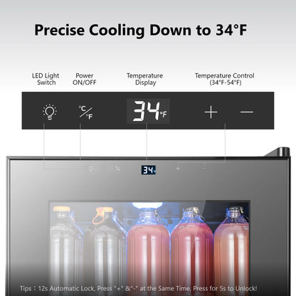 95-Can Glass Door Mini Fridge Cooler Beverage Refrigerator for Wine, Soda, and Home Bar Use