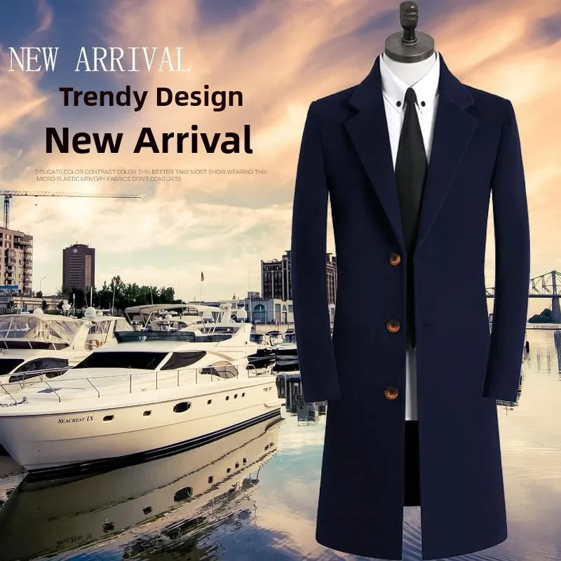Winter New Men's Mid-Length Woolen Coat Double-Faced Cashmere Warm Business Style Korean Version Travel Suitable Single-Button