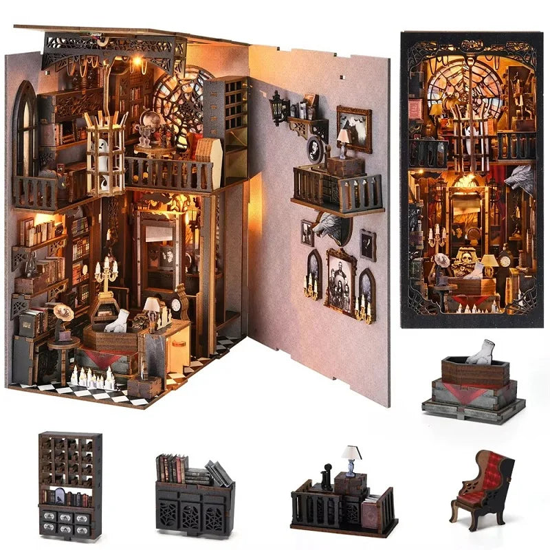 DIY Wooden Bookshelf Dollhouses Book Nook Shelf Insert Miniature Model Kits With Light Bookshelf Bookend Wooden Puzzle Toys Gift