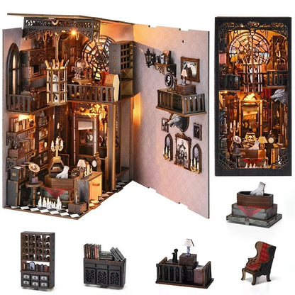 DIY Wooden Bookshelf Dollhouses Book Nook Shelf Insert Miniature Model Kits With Light Bookshelf Bookend Wooden Puzzle Toys Gift