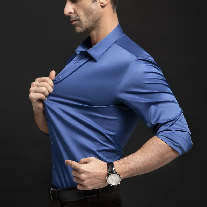 Men's long sleeved wrinkle resistant business suit high-end suit solid color shirt with silky non ironing shirt