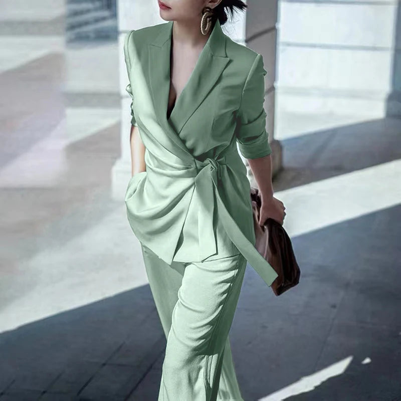 ZANZEA Classy Office Lady Blazer Suits Elegant Women Tied Waist Top and Pant 2pcs Outfit 2025 Trend Streetwear Commute Pant Sets