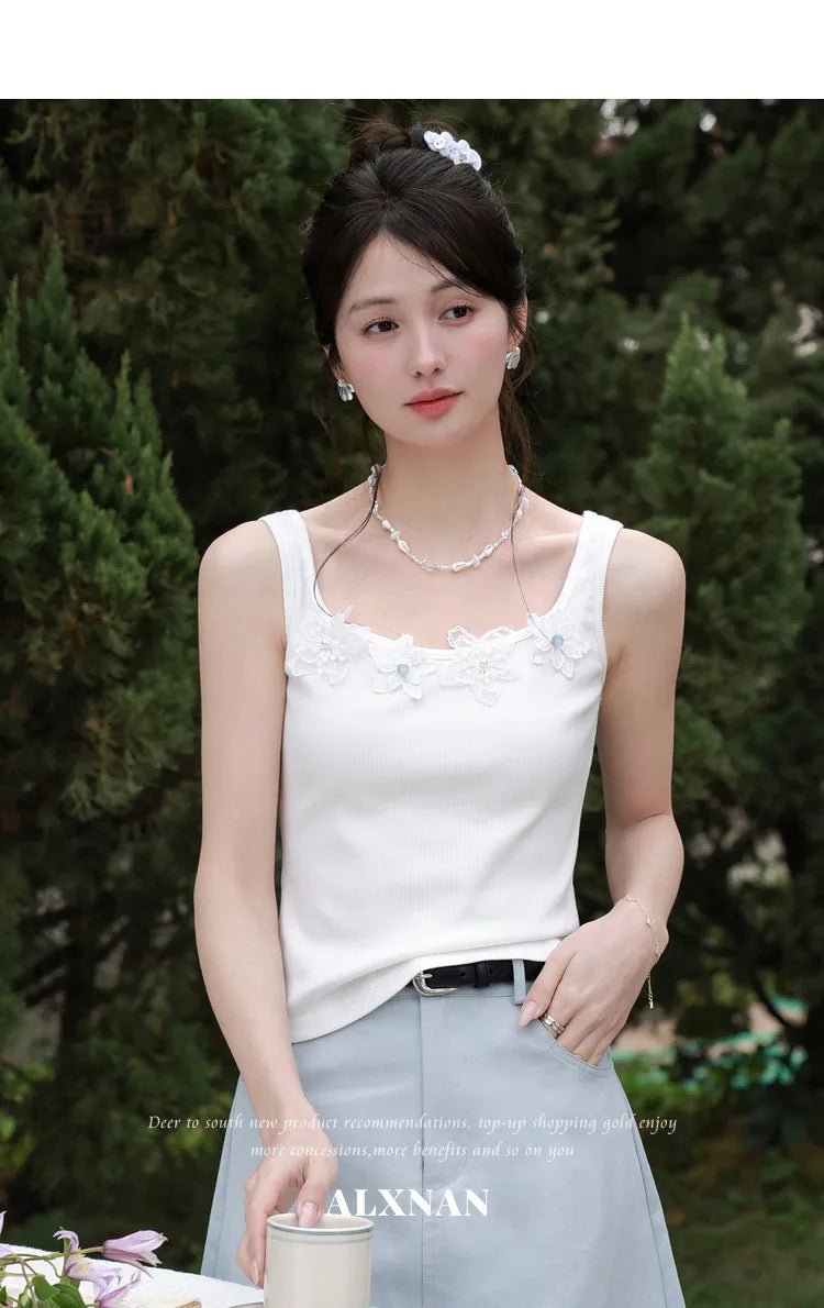 ALXNAN White Tank Tops Women 3D Floral Design Elegant Square Neck Camisole Summer Casual Cotton Female Sleeveless Tops L62833