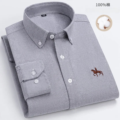 100% Pure Cotton Men's Long Sleeve Shirt Business Casual Solid Color Embroidered Oxford Spun Shirt