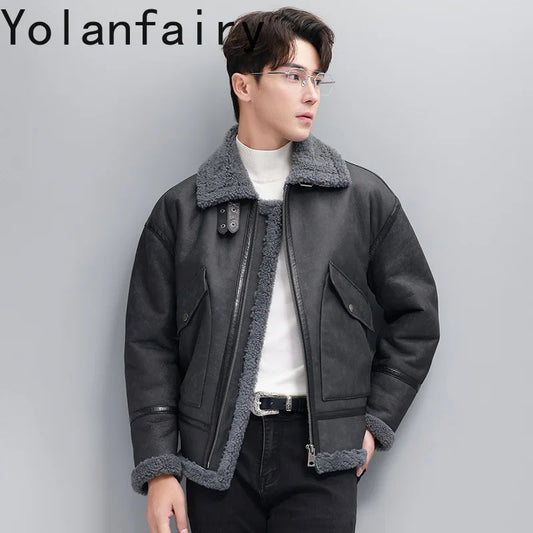 YOLANFAIRY Natural Sheepskin Shearling Coat Men Genuine Leather Jacket Warm Winter Real Lamb Fur Coats and Jackets Outerwear