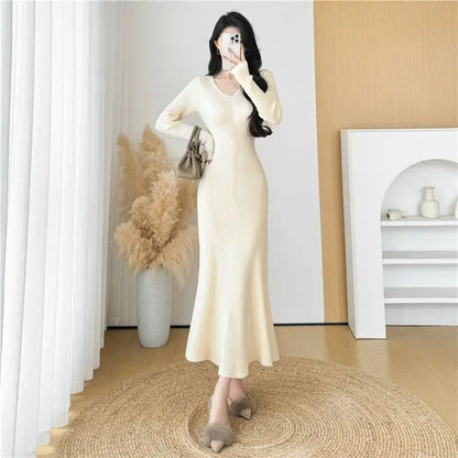 Elegant Knitted Slim Fit Midi Dress for Women Autumn Winter New Style Flocking Base Layer Fish Tail Long Dress