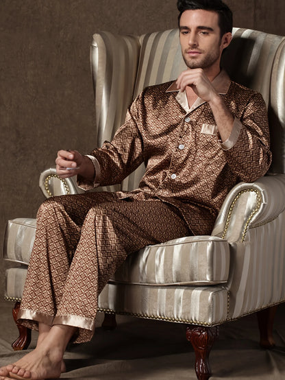 Autumn Men'S Long Retro Print Pajama Set Perfect for Fall/Winter Casual Style Geometric Pattern Long Sleeve Button-Up Pajama Set