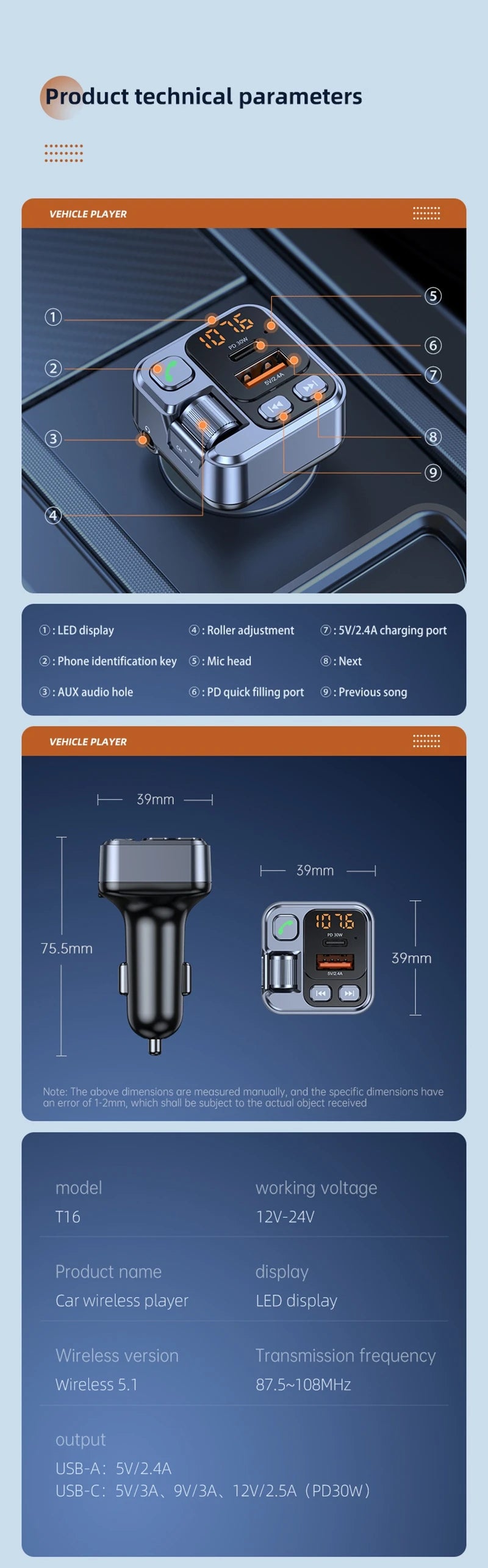 Bluetooth FM Transmitter Car Charger 20W PD USB-C Fast Charger Car Radio with Mic For Wireless Hands Free Call MP3 Player