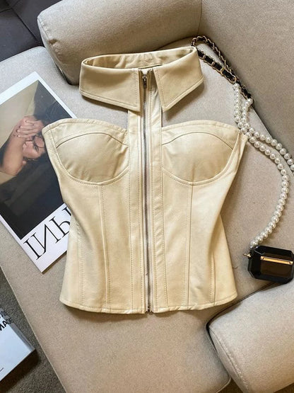 Spring 2026 Pure Desire Sweet And Spicy Design Hanging Neck Shoulder Bared Zipper Tube Top Women's Top with Chest Pad