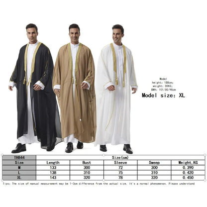 Middle Eastern Men's Long Robe Muslim Dress Kimono Islamic Clothing Prayer Ramadan Eid Al Fitr Hanging Tassel Outer Garment