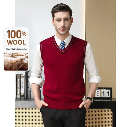 High End 100% Wool New Autum Winter Fashion Brand Knit Pullover Sweater Vest Slim Fit V-neck Sleeveless Casual Mens Clothing