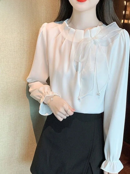 Retro Bow Tie Long Sleeve Shirt Women's Autumn New Design Elegant Top Korean Style Loose Fit round Neck  Color