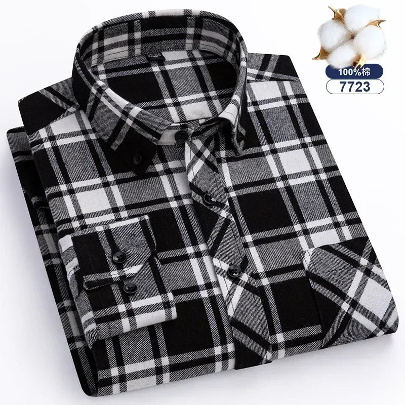 Autumn Winter Plaid Shirts Thick Flannel Shirt Standard-Fit for Men Long Sleeve Pure Cotton  Patch Pocket Design Young
