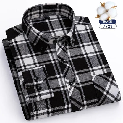 Autumn Winter Plaid Shirts Thick Flannel Shirt Standard-Fit for Men Long Sleeve Pure Cotton  Patch Pocket Design Young