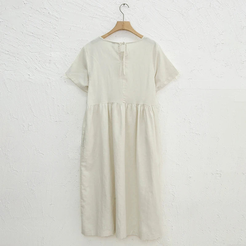 Summer Cotton Linen Women Dresses Vintage Short Sleeve Casual Loose Back Bandage Harajuku Party Club Dress With Pockets