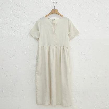 Summer Cotton Linen Women Dresses Vintage Short Sleeve Casual Loose Back Bandage Harajuku Party Club Dress With Pockets