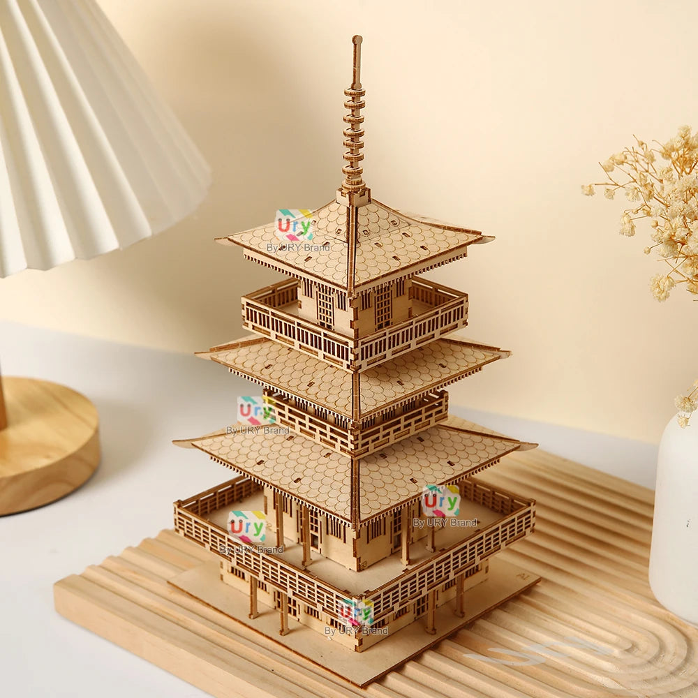 URY 3D Wooden Tower Ancient Pagoda Chinese Traditional Puzzle DIY Model Game Assembly Desktop Toy Gift for Adult