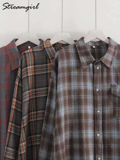 Streamgirl Oversized Plaid Shirt Women 2026 Spring Loose Vintage Long Shirts Full Sleeve Women Plaid Brown Oversized Shirt Blue