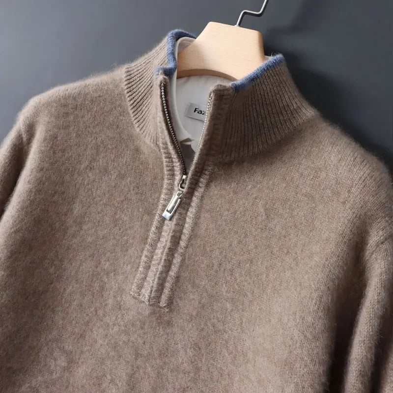 Half-high zipper cashmere sweater men's color-blocking thickened sweater loose business casual 100% pure cashmere knitted