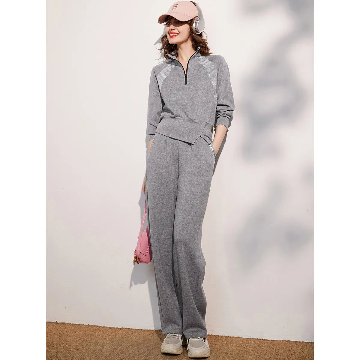 LOUIS YAO Women Two Pieces Set 2024 Autumn Stand Collar Long Sleeve Long Pants Set Sweatshirt Sporty Fashion Set