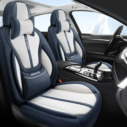 Premium PU Leather Auto Seat Covers Set with Built-in Lumbar Support +2 Headrest Covers +1 Steering Wheel Cover Comfortable