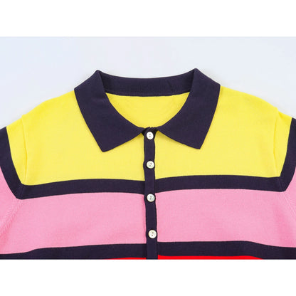 Fashionable Striped Knitted  Shirt Women's Loose Fit Business Casual Short Sleeve Classic Pattern Polyester Fiber