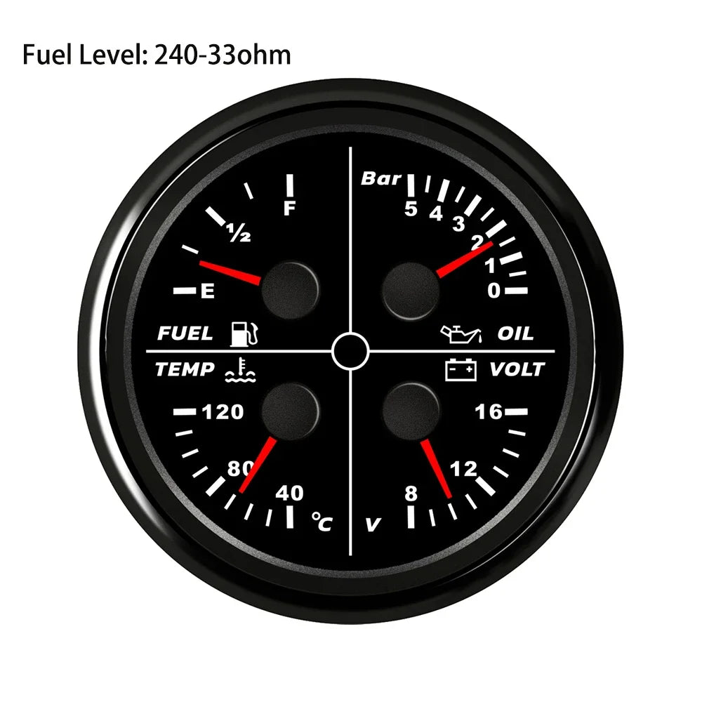 ELING Waterproof Auto Marine 85mm 4 in 1 Gauge Oil Pressure Water Temp Fuel Level Voltmeter for Motorcycle 8-16V