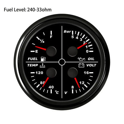 ELING Waterproof Auto Marine 85mm 4 in 1 Gauge Oil Pressure Water Temp Fuel Level Voltmeter for Motorcycle 8-16V